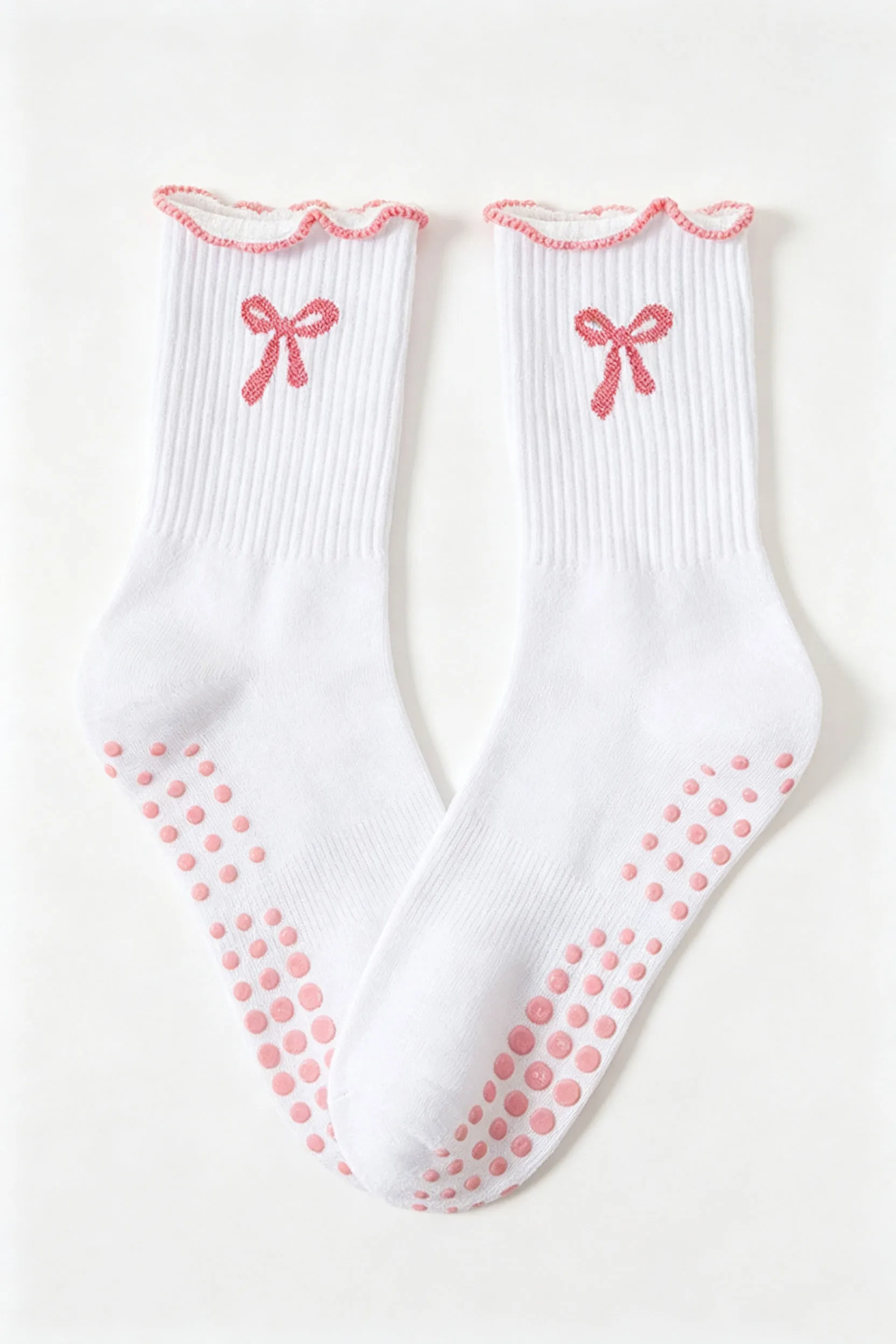 White Bow Accent Non-Slip Crew Socks