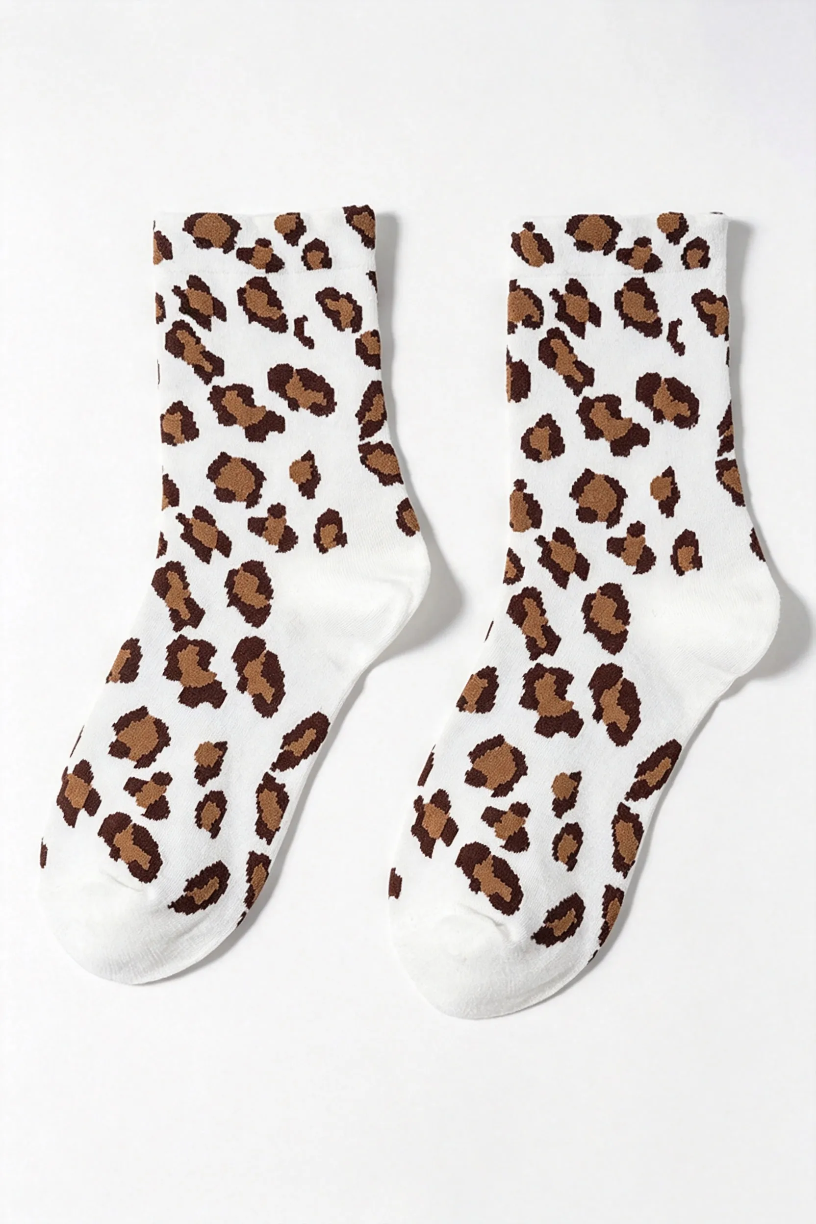 White Leopard Print Color Block Crew Socks